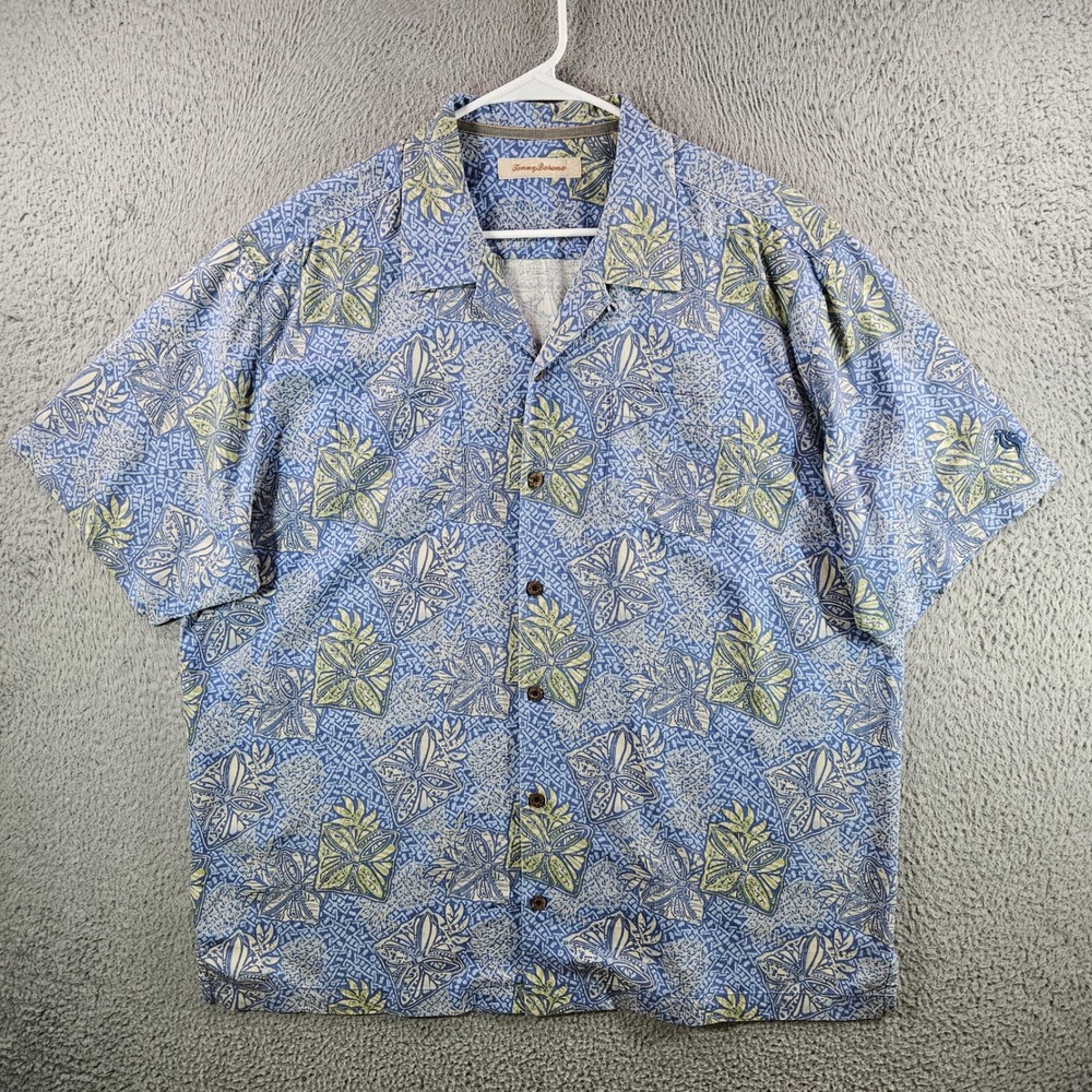 Tommy Bahama Men XL Silk Camp Shirt Blue Green Tropical Batik Print Short Sleeve